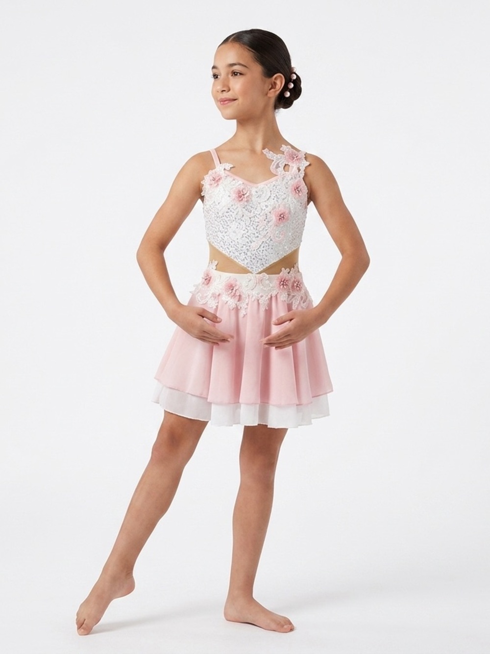 Glamour Dancewear | Pink White Lyrical Dance Costume Dress Floral Accent, LC